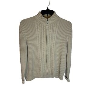 Lands End Cable Knit Full Zip‎ Sweater Women's 100% Cotton Large 14-16 Beige